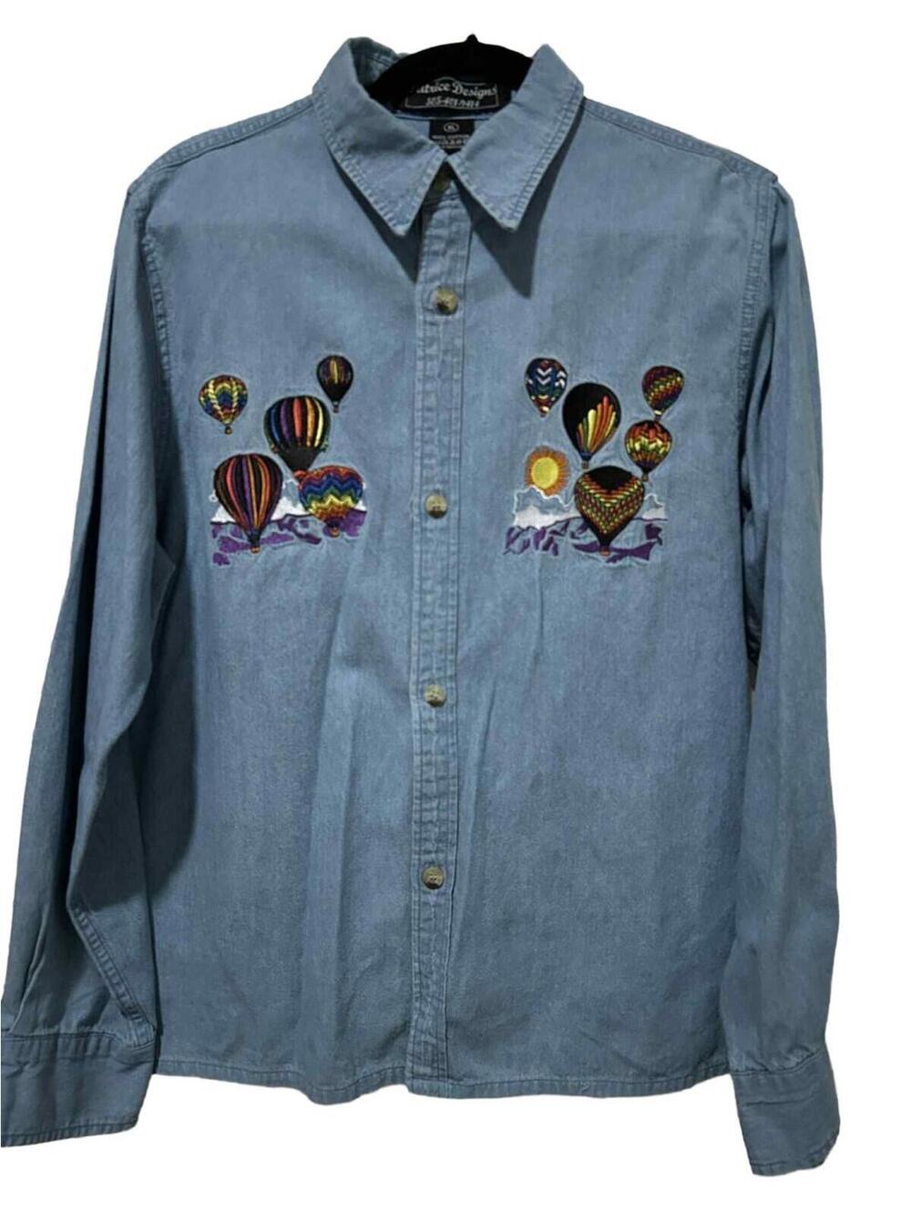 Vintage Embroidered Hot Air Balloon Denim Shirt Sz L Y2K  Albuquerque Ready